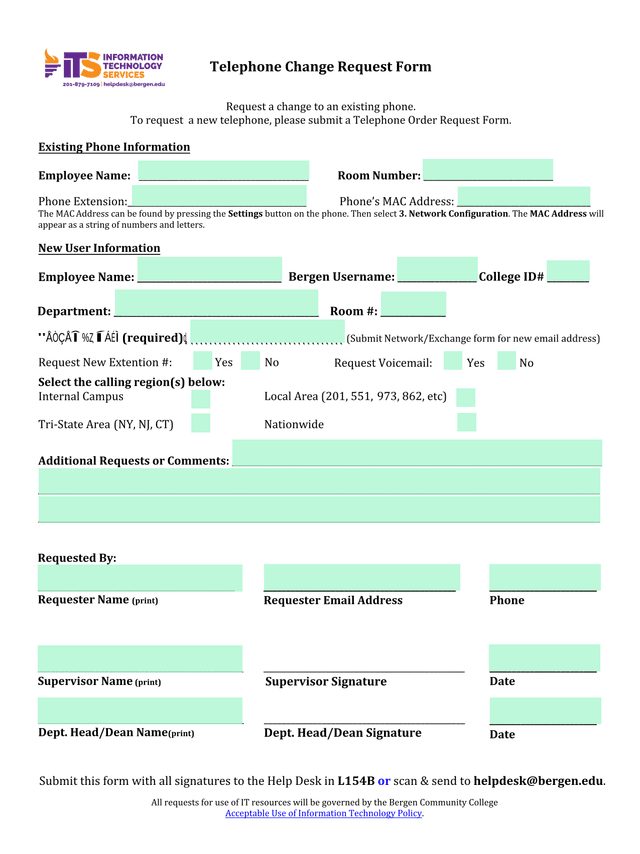 Telephone Change Request Form screenshot