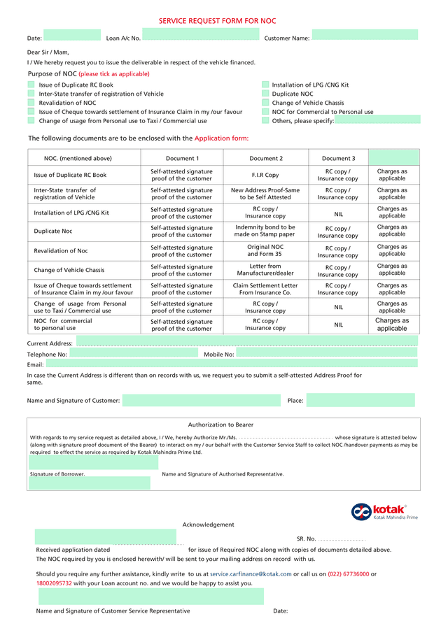 SERVICE REQUEST FORM FOR NOC screenshot