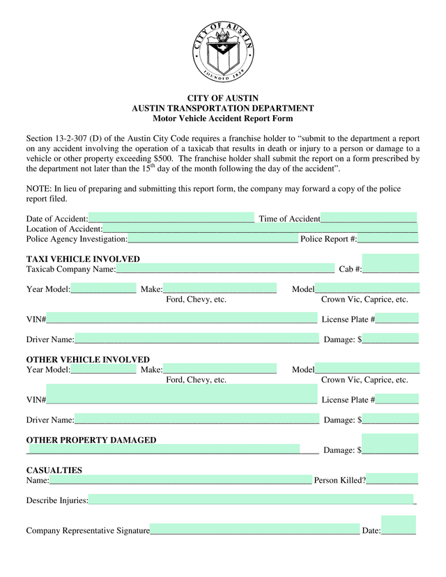 Motor Vehicle Accident Report Form screenshot