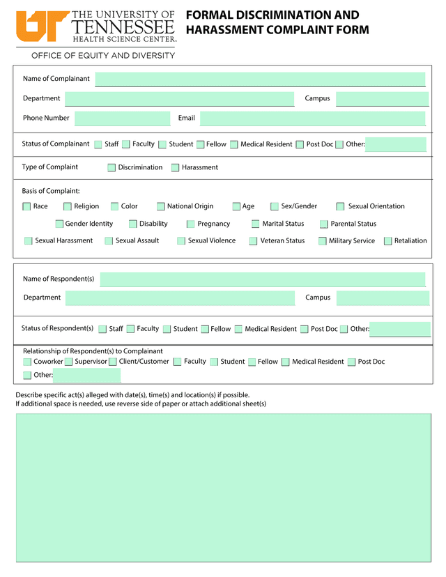Formal Discrimination And Harassment Complaint Form screenshot
