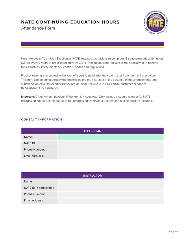NATE Continuing Education Hours Attendance Form screenshot