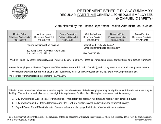 Retirement Benefit Plans Summary For Regular, Part Time General Schedule Employees (Non Public Safet screenshot