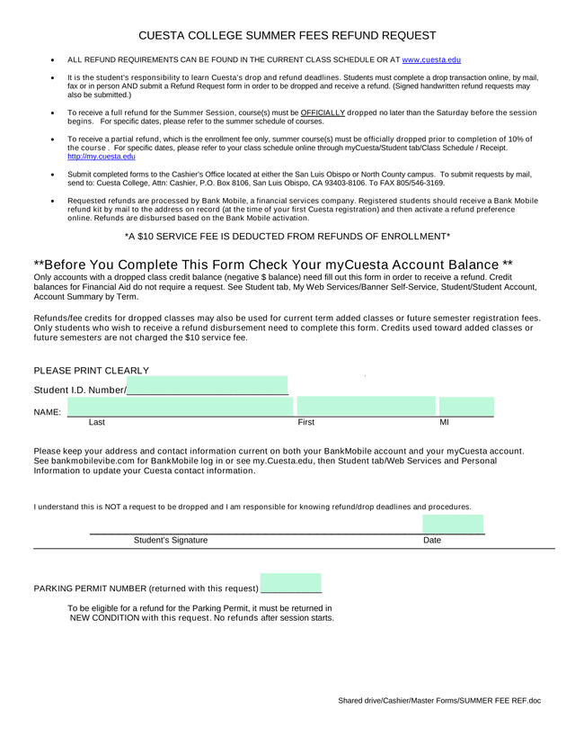 Cuesta College Summer Fees Refund Request screenshot
