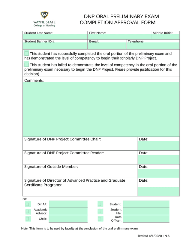 DNP Oral Preliminary Exam Completion Approval Form screenshot