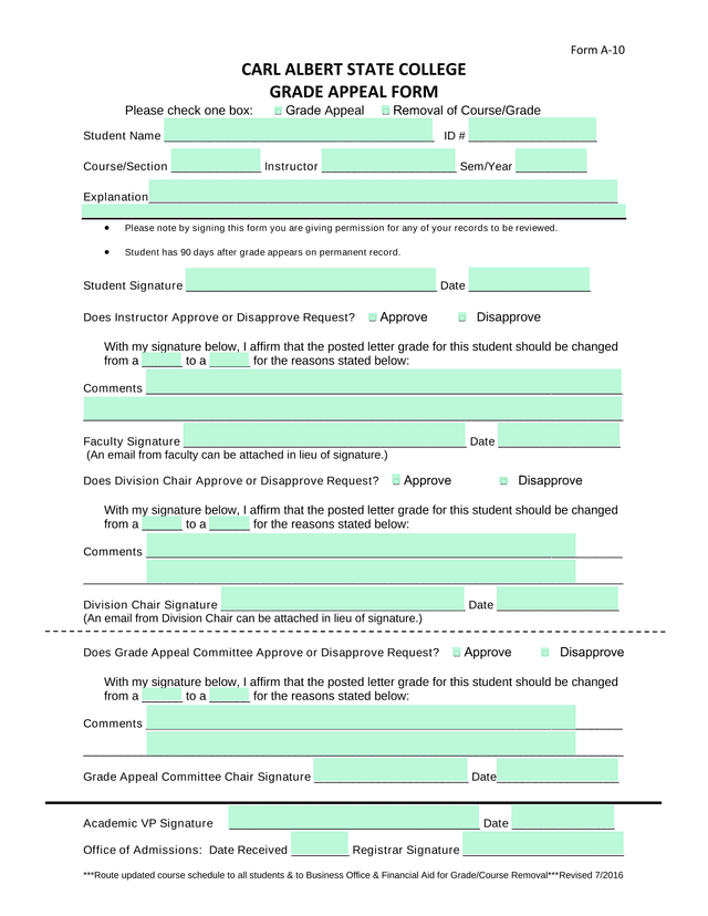 Form A 10 CARL ALBERT STATE COLLEGE GRADE APPEAL FORM screenshot