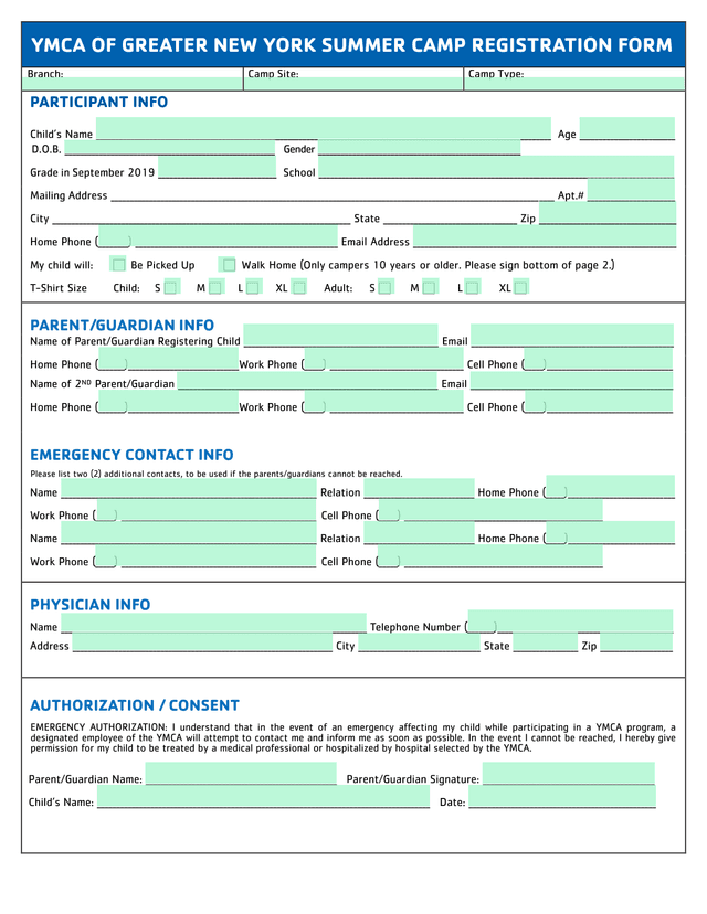 YMCA OF GREATER NEW YORK SUMMER CAMP REGISTRATION FORM screenshot