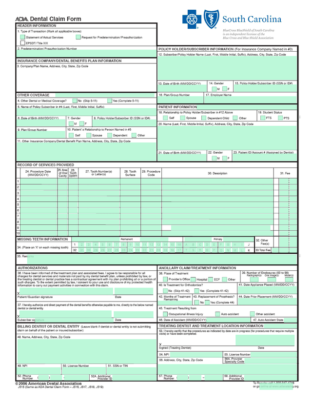 ADA Dental Claim Form Instructions screenshot