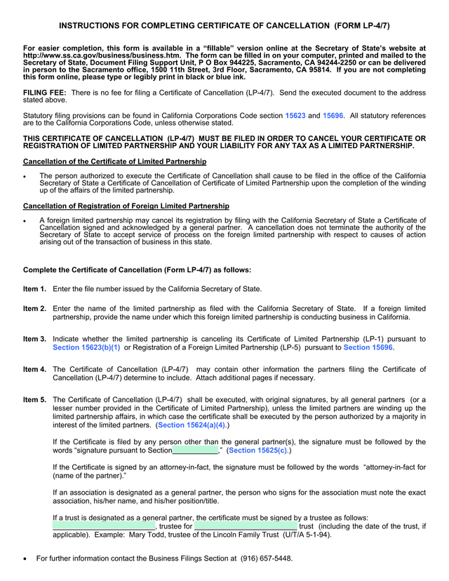 Certificate Of Cancellation (Form LP 47) screenshot