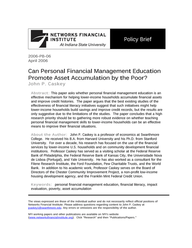 Can Personal Financial Management Education Promote Asset Accumulation By The Poor screenshot