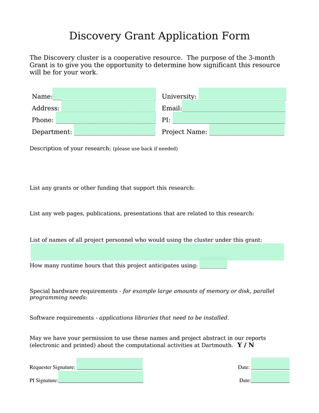 Discovery Grant Application Form screenshot