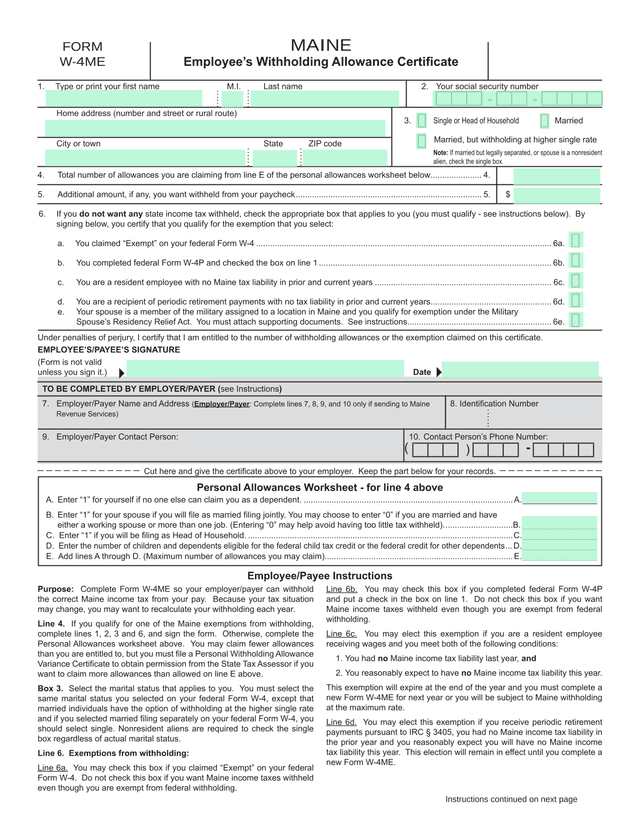 Maine W 4ME EmployeeS Withholding Allowance Certificate screenshot