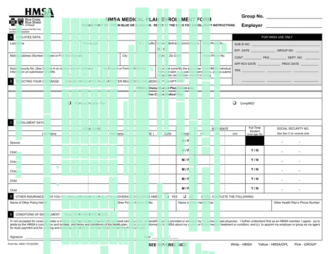 HMSA Employee Health Insurance Enrollment Form screenshot