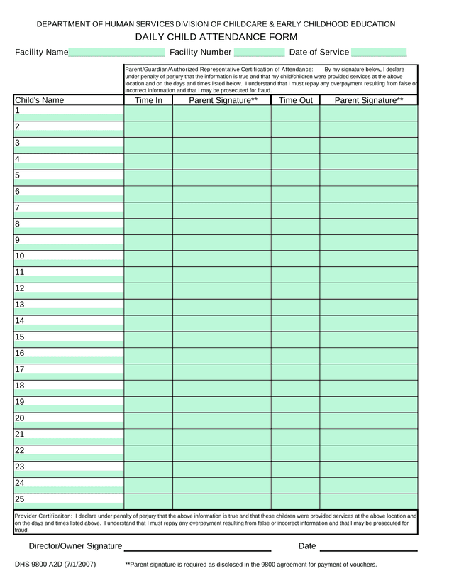 DAILY CHILD ATTENDANCE FORM screenshot