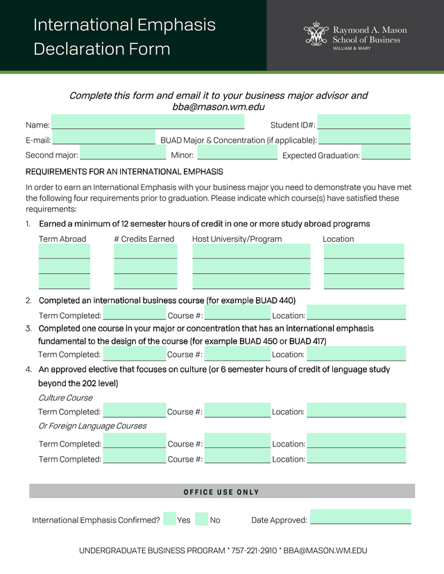 International Emphasis Declaration Form screenshot