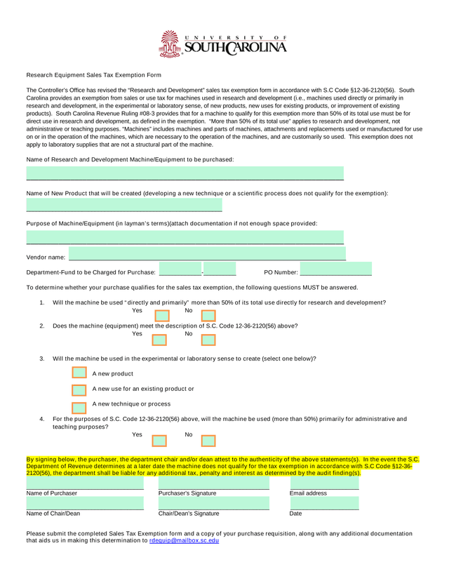 Research Equipment Sales Tax Exemption Form screenshot