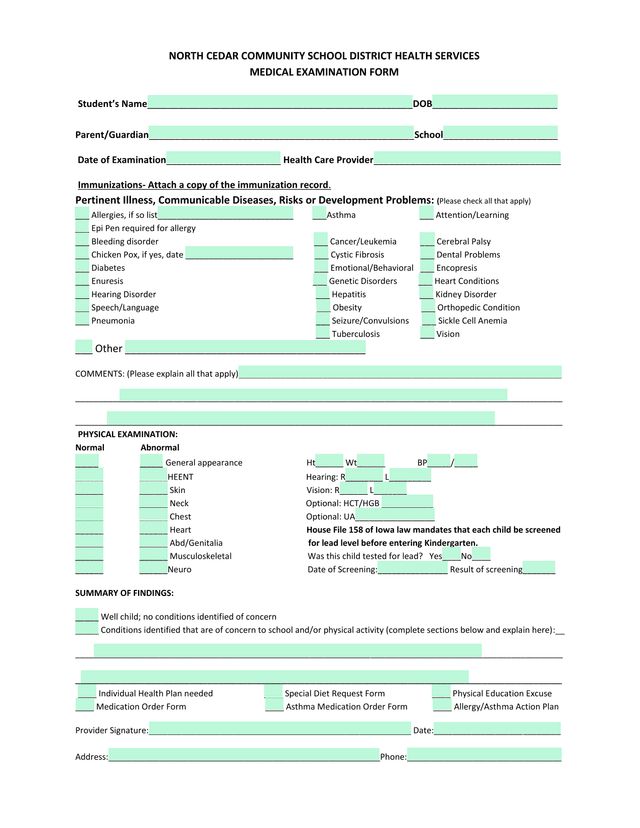 NORTH CEDAR COMMUNITY SCHOOL DISTRICT HEALTH SERVICES MEDICAL EXAMINATION FORM screenshot
