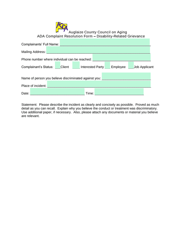 ADA Complaint Resolution Form  Disability Related Grievance screenshot