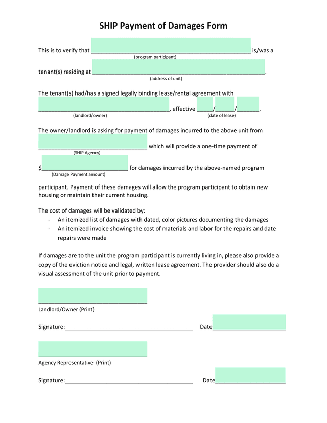 SHIP Payment Of Damages Form screenshot