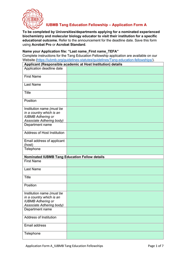 IUBMB Tang Education Fellowship  Application Form A screenshot