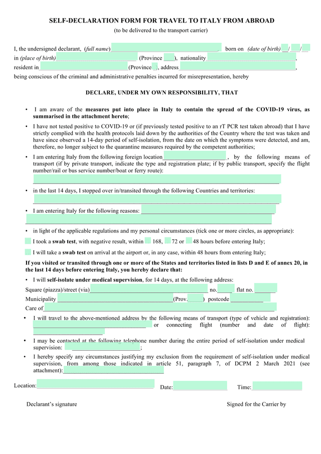 SELF DECLARATION FORM FOR TRAVEL TO ITALY FROM ABROAD screenshot