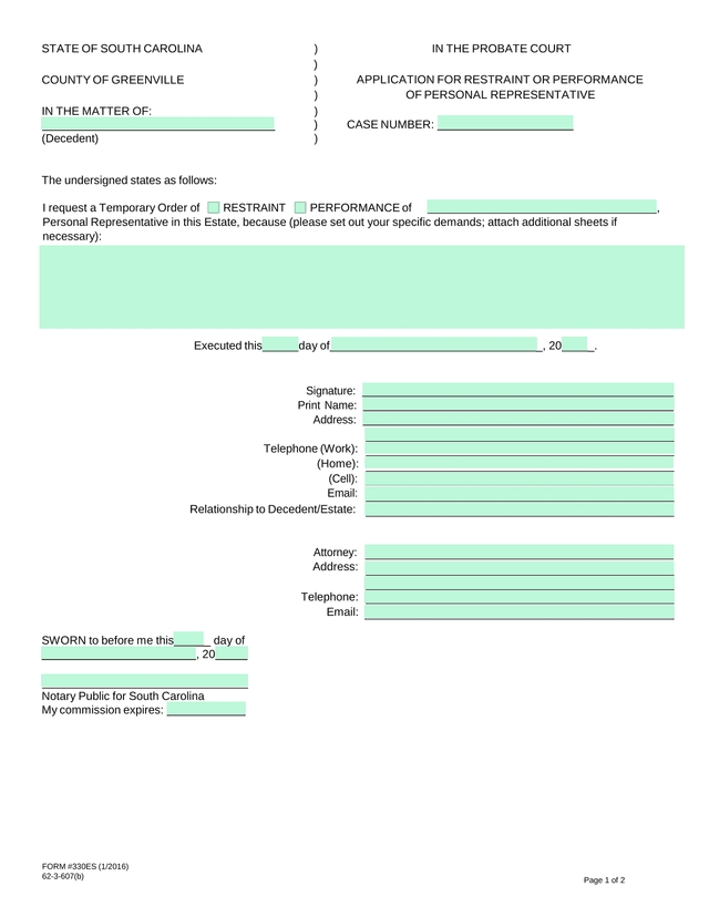 Application For Restraint Or Performance Of Personal Representative screenshot