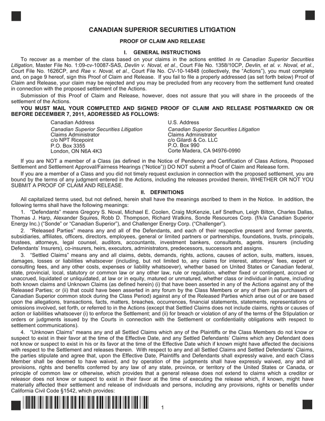 CANADIAN SUPERIOR SECURITIES LITIGATION PROOF OF CLAIM AND RELEASE screenshot