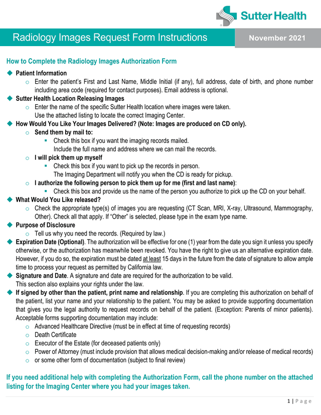 Radiology Images Request Form Instructions screenshot
