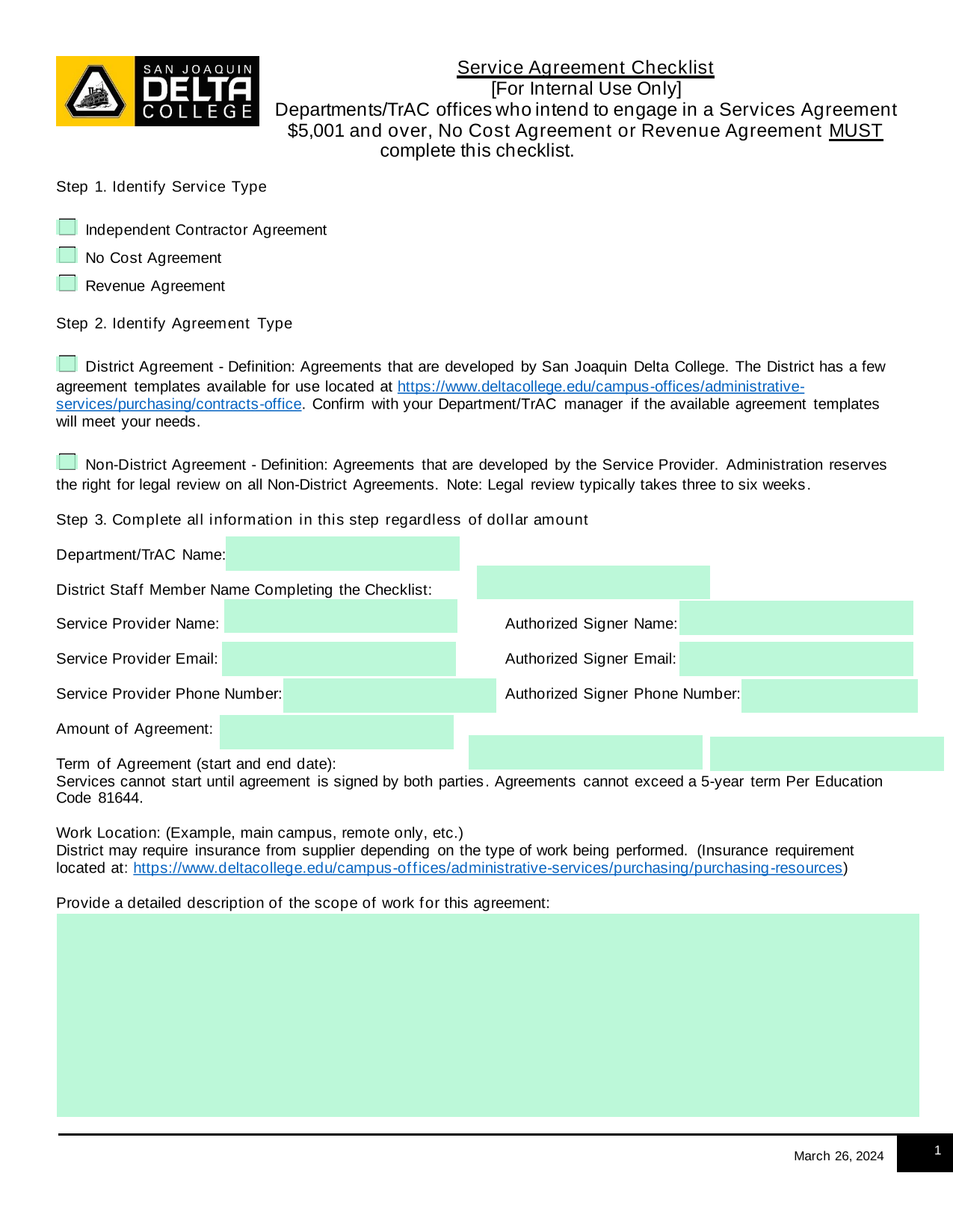 Service Agreement Checklist screenshot
