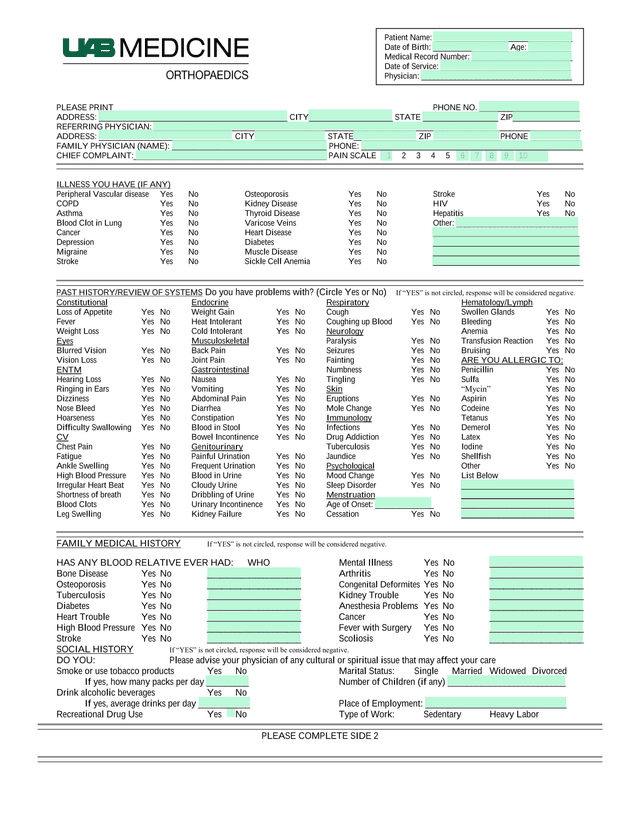 Patient Medical History Form screenshot