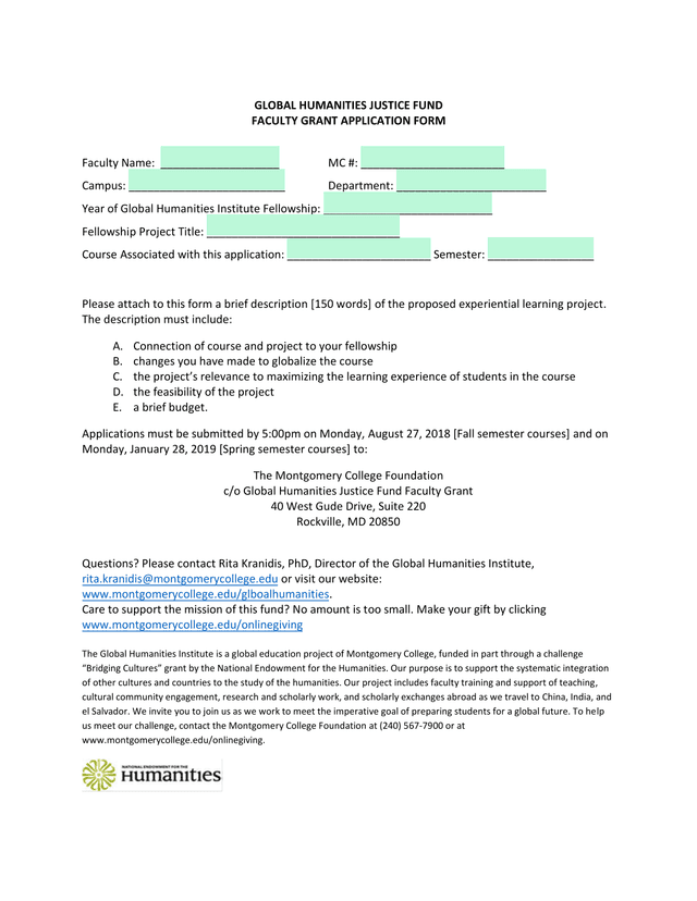 Faculty Grant Application Form screenshot