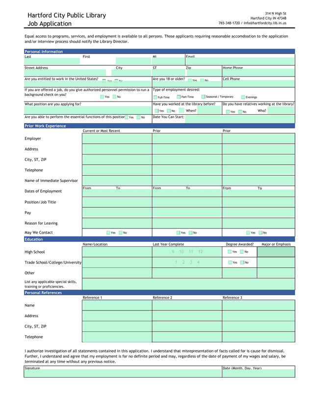 Hartford City Public Library Job Application screenshot