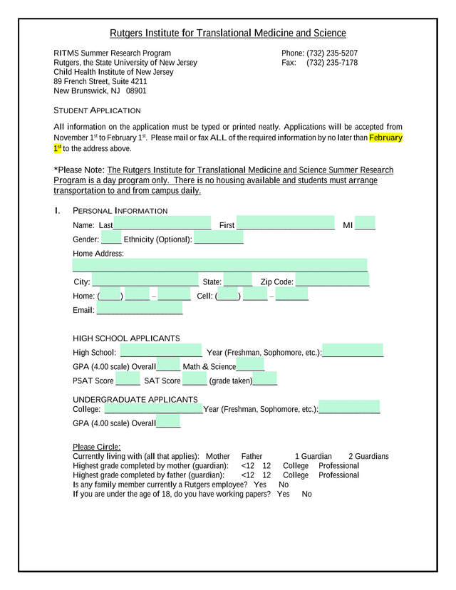 Rutgers Institute For Translational Medicine And Science Summer Research Program Student Application screenshot