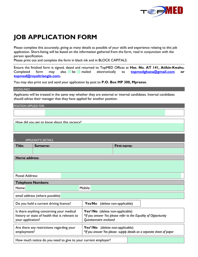 JOB APPLICATION FORM screenshot