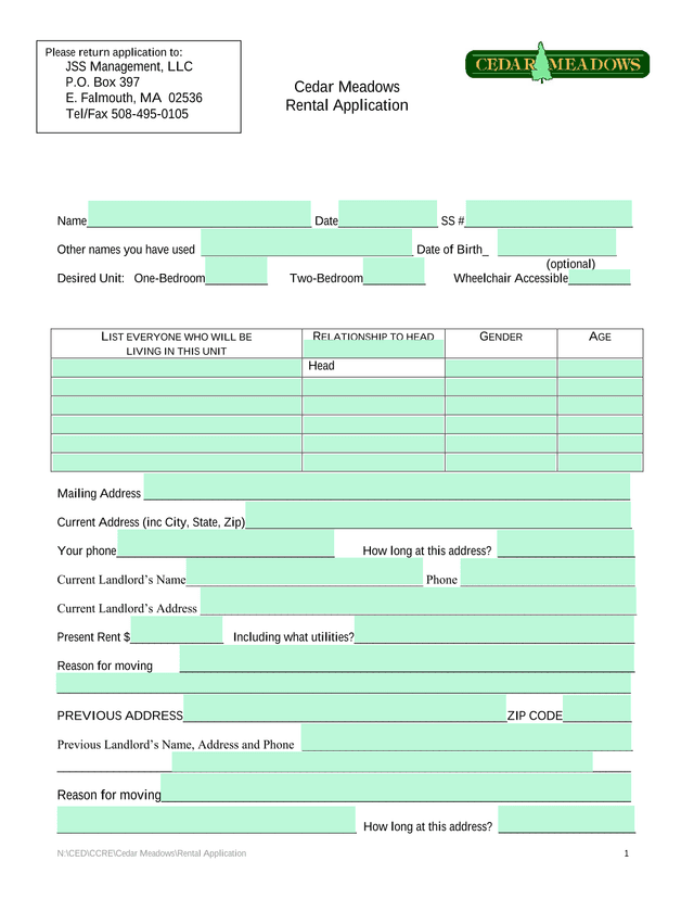 Cedar Meadows Rental Application screenshot