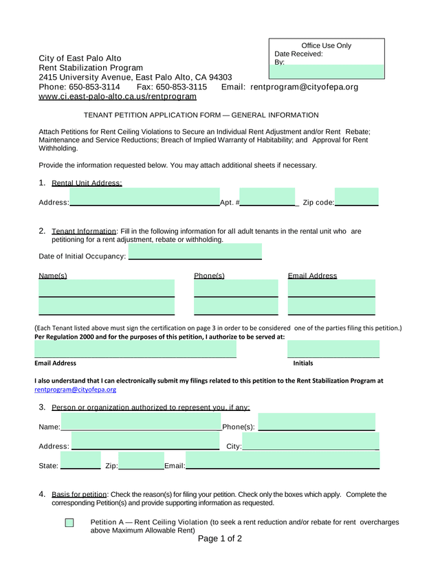 Tenant Petition Application Form screenshot