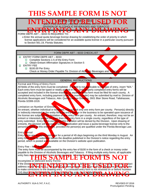 FORM DBPR ABT  6033 QUOTA BEVERAGE LICENSE DRAWING ENTRY FORM screenshot