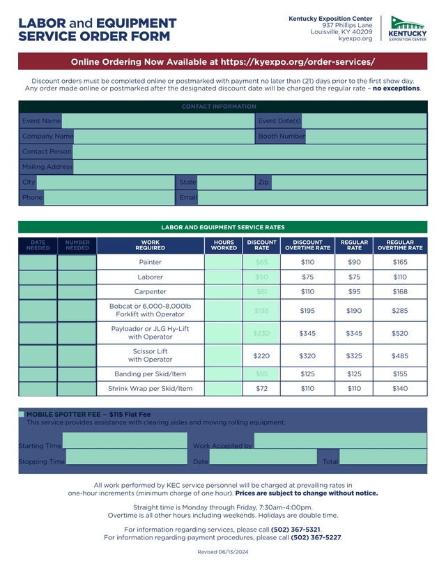 LABOR And EQUIPMENT SERVICE ORDER FORM screenshot