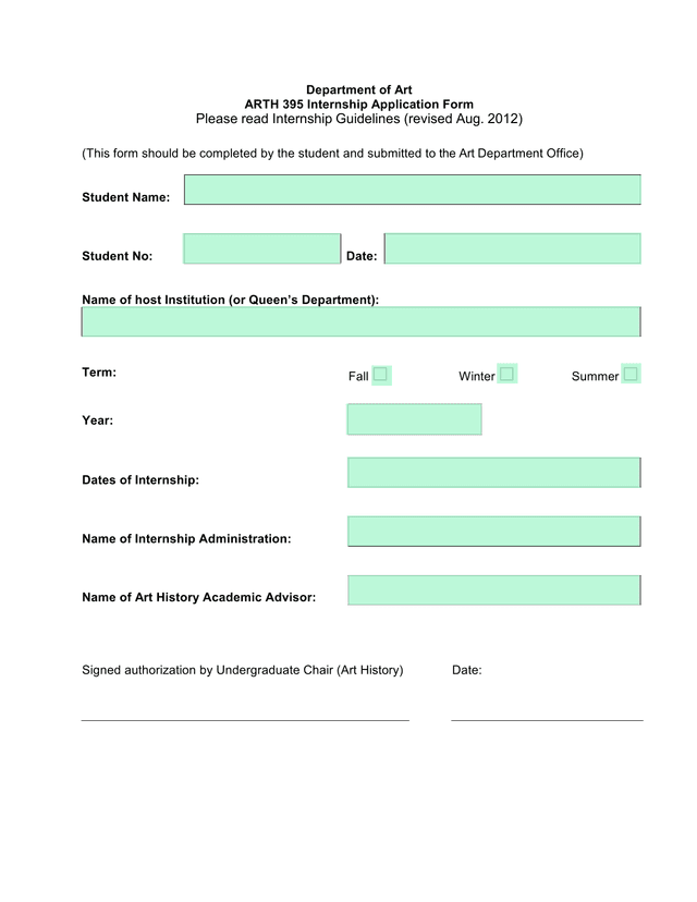 ARTH 395 Internship Application Form screenshot