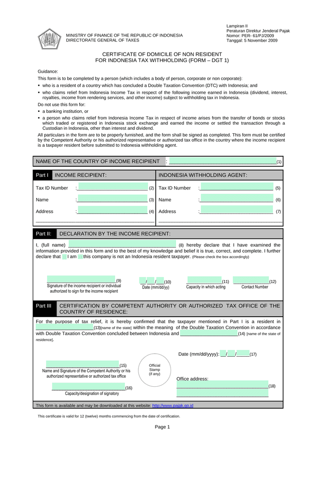 Certificate Of Domicile Of Non Resident For Indonesia Tax Withholding (Form  DGT 1) screenshot