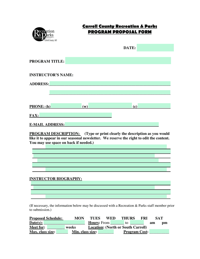 Carroll County Recreation  Parks PROGRAM PROPOSAL FORM screenshot