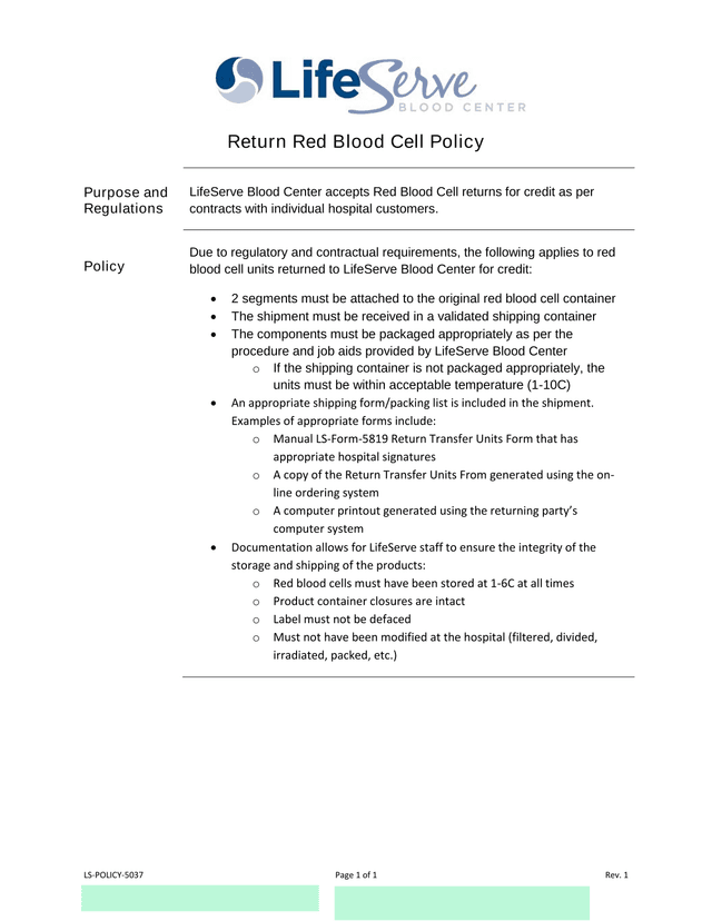Return Red Blood Cell Policy screenshot