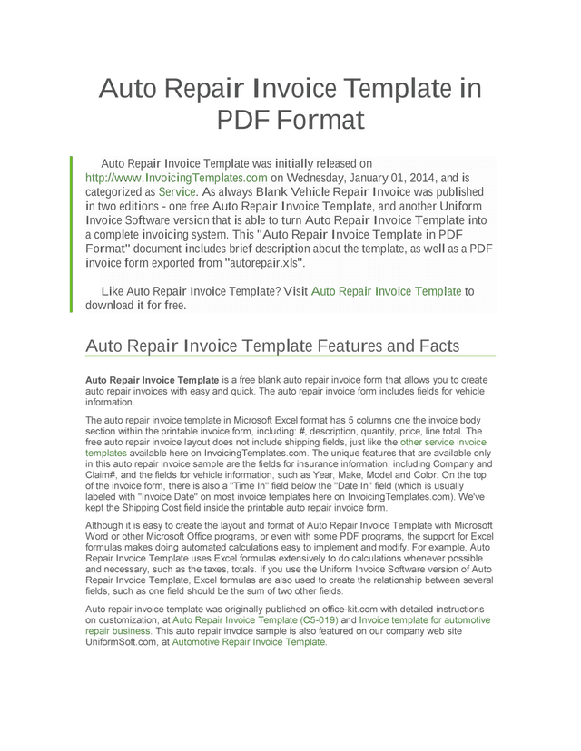 Auto Repair Invoice Template In PDF Format screenshot