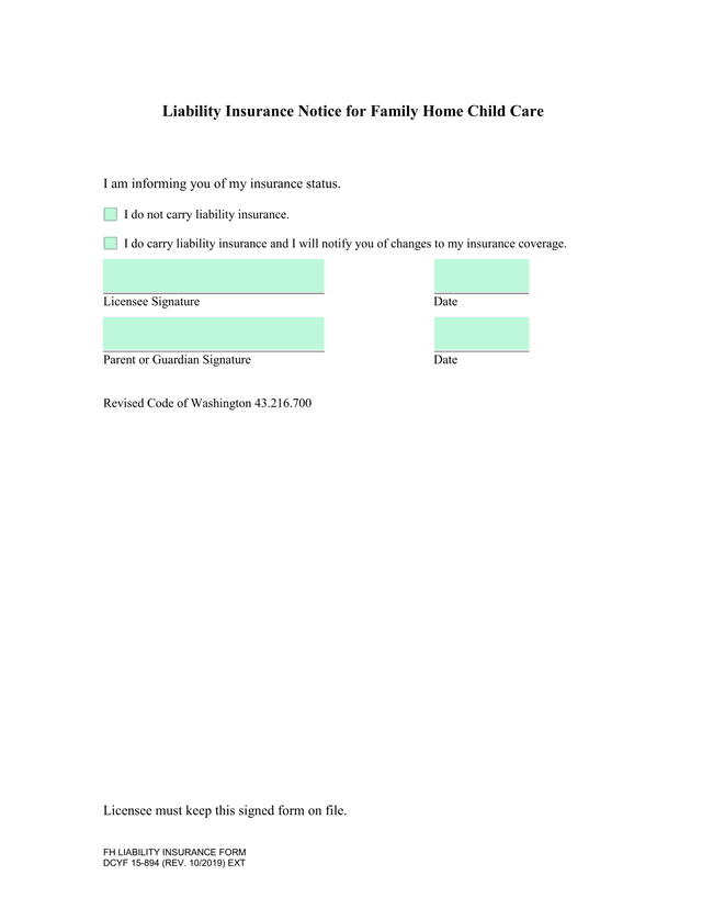 FH Liability Insurance Form screenshot