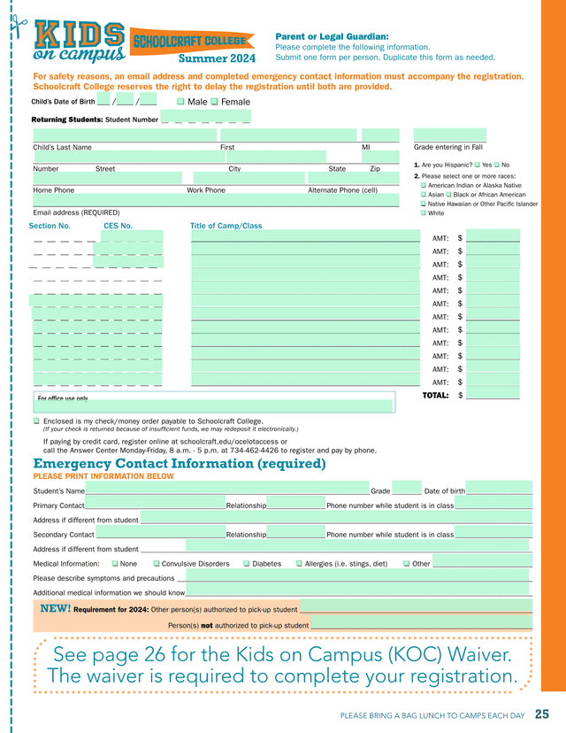 Summer CampClass Registration Form screenshot