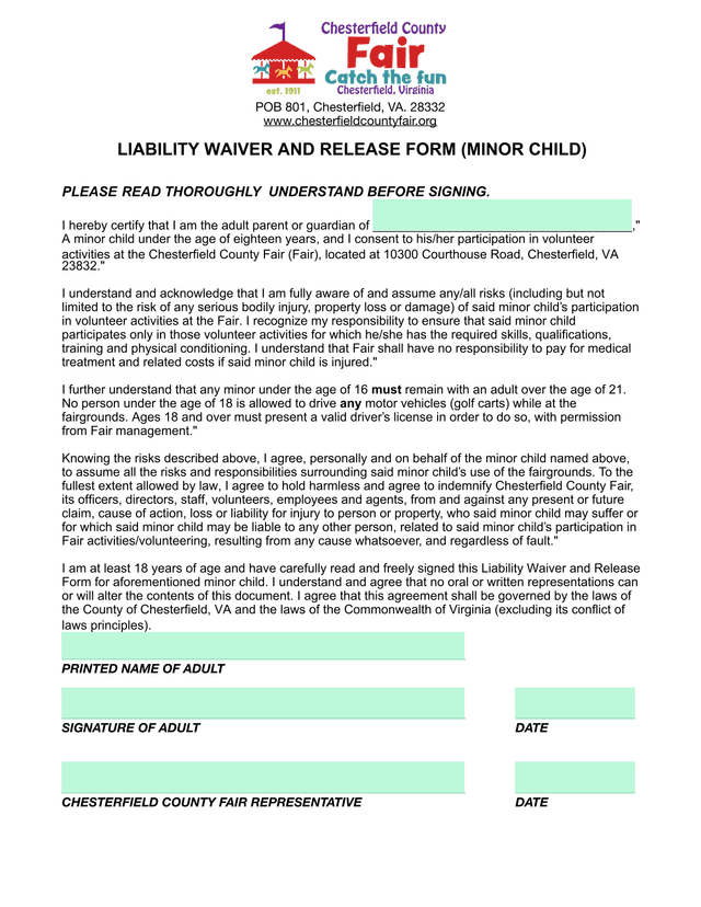 Liability Waiver And Release Form (Minor Child) screenshot