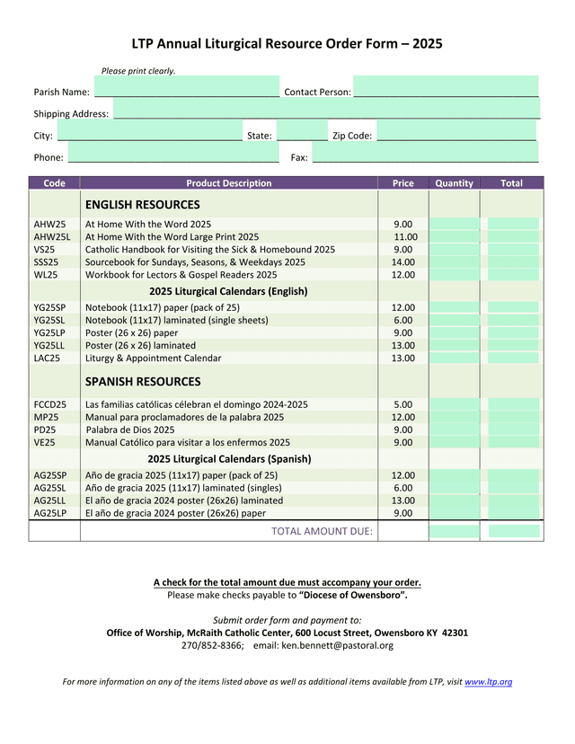 LTP Annual Liturgical Resource Order Form  2025 screenshot