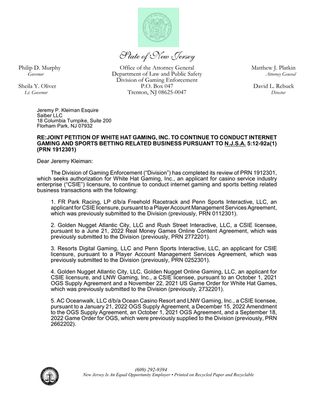 Joint Petition Of White Hat Gaming, Inc. For Internet Gaming And Sports Betting Authorization screenshot