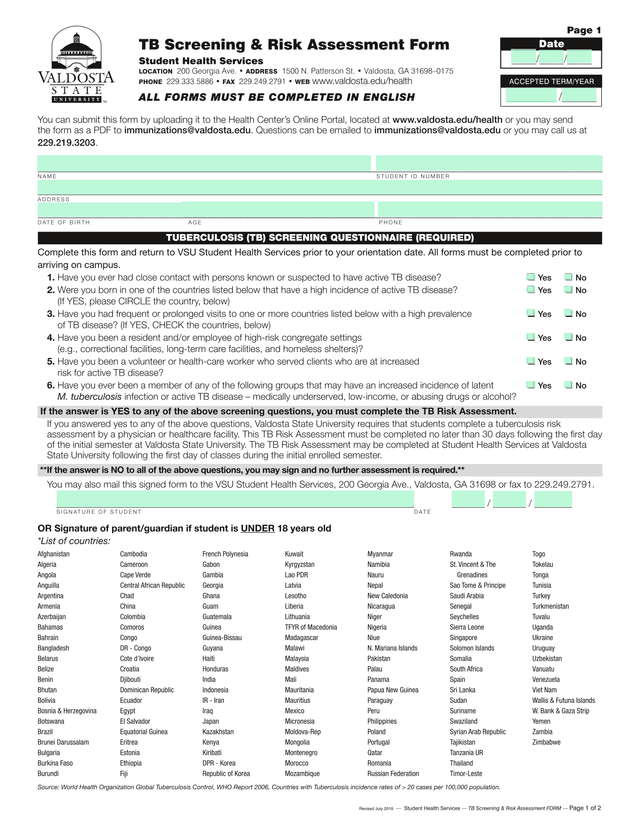 Tuberculosis (TB) Screening Questionnaire screenshot