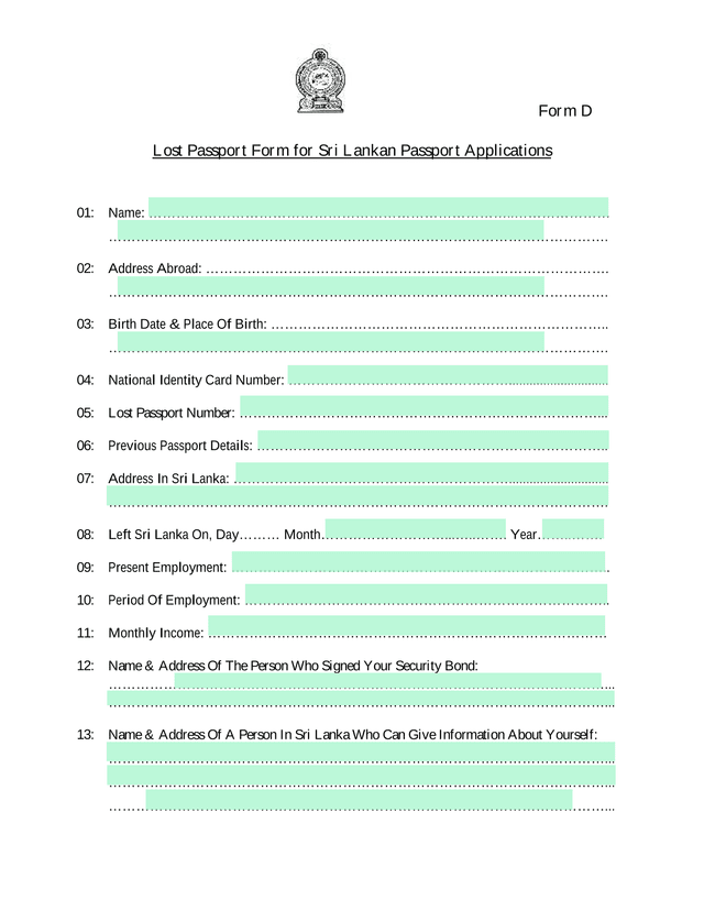 Form D   Lost Passport Form For Sri Lankan Passport Applications screenshot