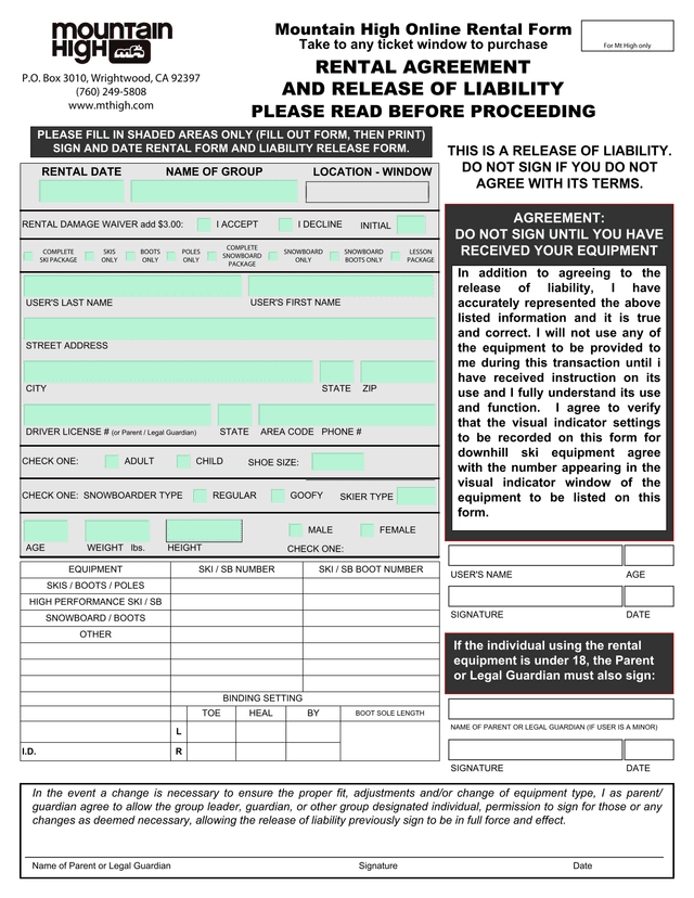 Mountain High Online Rental Form screenshot
